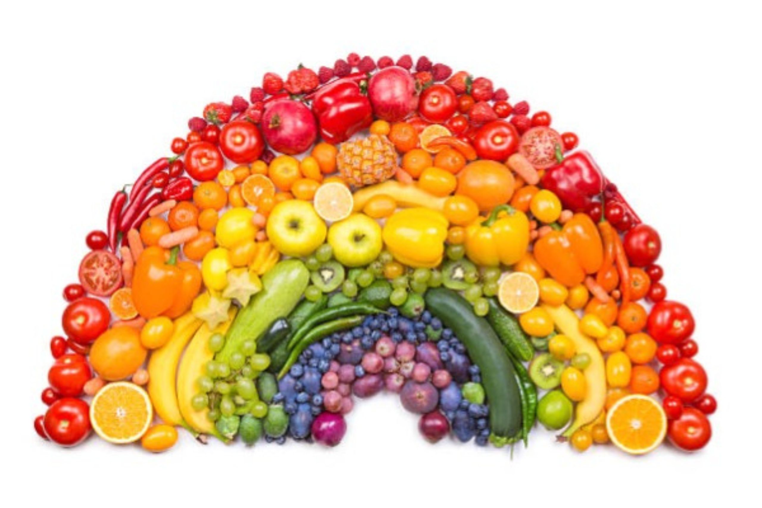 Imagen de frutas por colores como un arcoíris